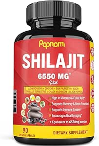 Shilajit Extract Capsules equivalent to 6550mg & Ashwagandha, Ginseng, Saw Palmetto, Maca, Tribulus, Chaga, Pepper | Trace Minerals Fulvic Acid|Immune Support, Brain Boost Supplement, 3 Months Supply