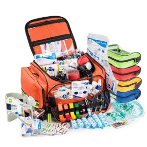 Scherber Fully-Stocked First Responder Professional Advanced EMT/EMS Trauma Kit | HSA/FSA Approved | Reflective Bag w/10+ Compartments, Zippered Pockets & 250+ First Aid Supplies (Orange)